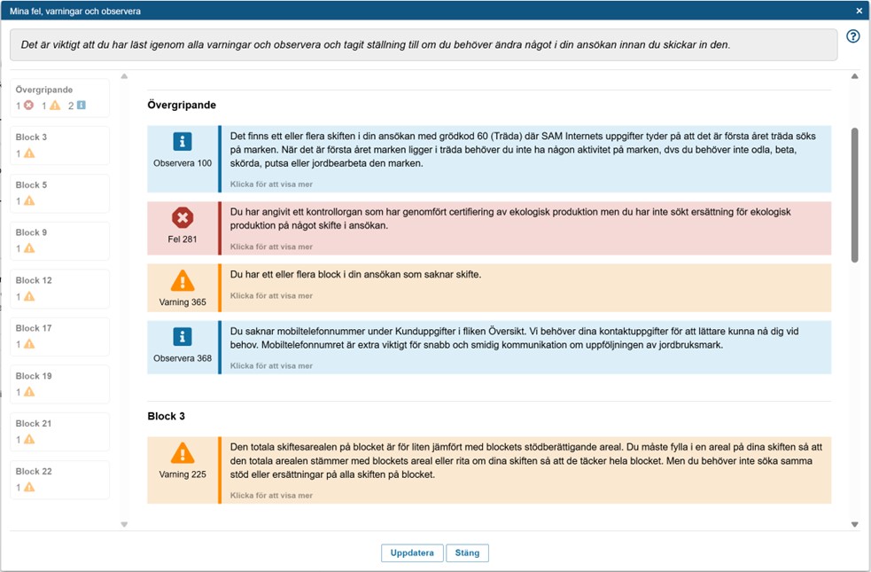 Bild som visar exempel på olika fel, varningar och observera i SAM internet